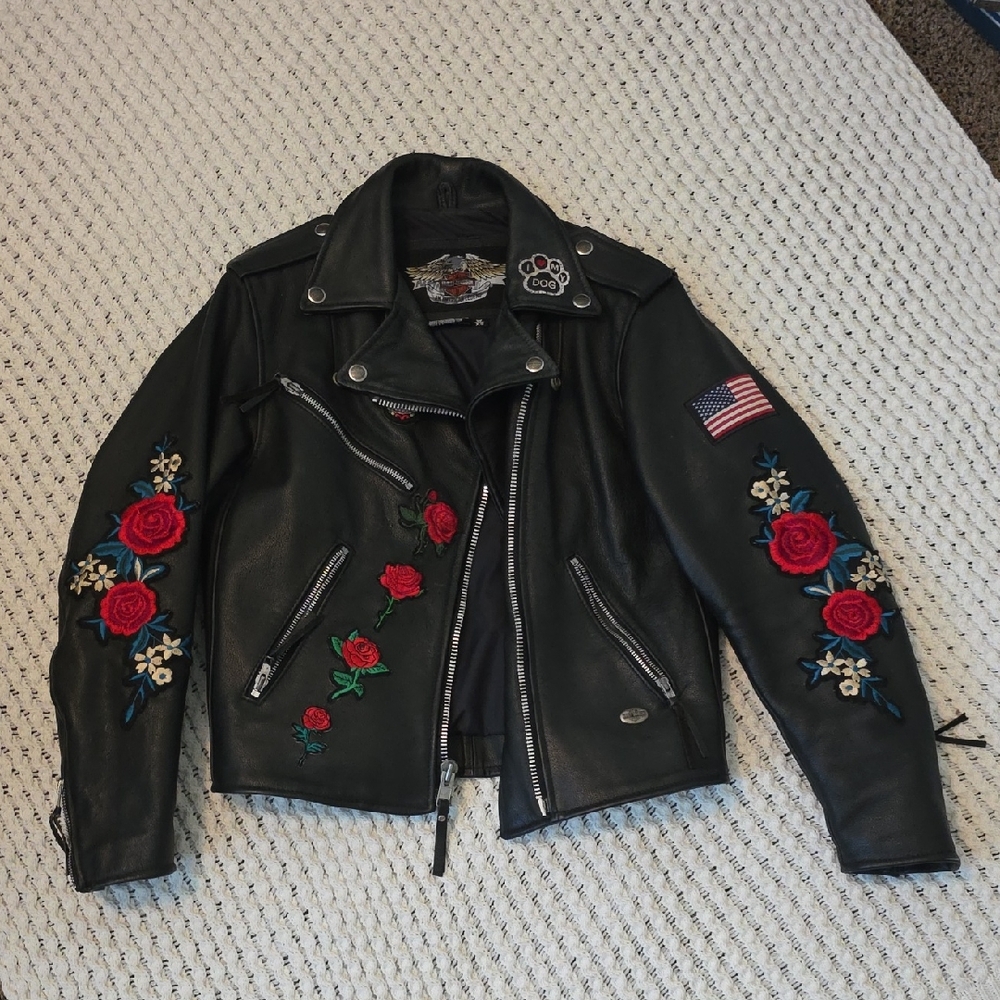 Harley Davidson Brand Embroidered Black Real Leather Jacket